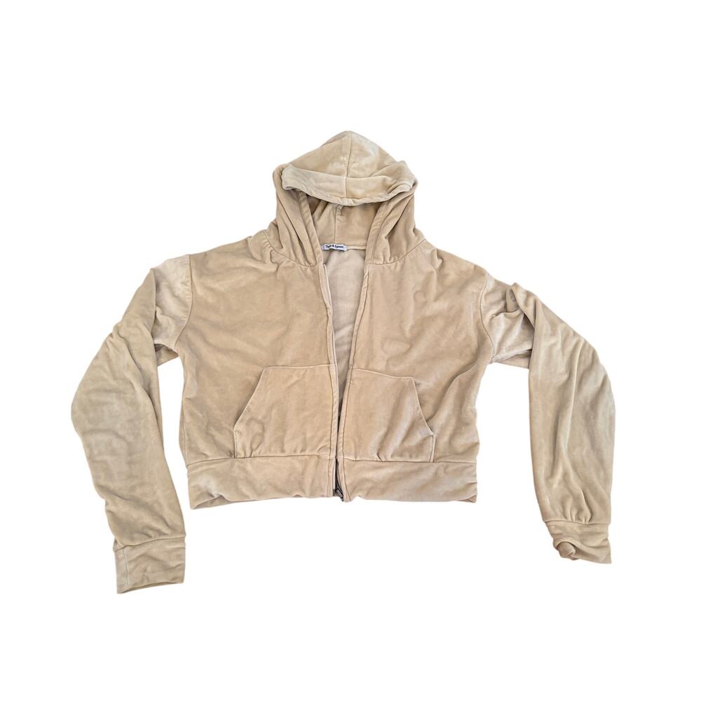 Theo & Spence Beige Velvet-Like Two Pocket Zip Hoodie Size Medium